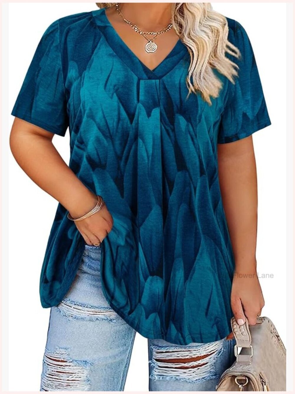Plus Size Short Sleeve Tunic Blouse Pleated V Neck Dressy Casual Flowy Top